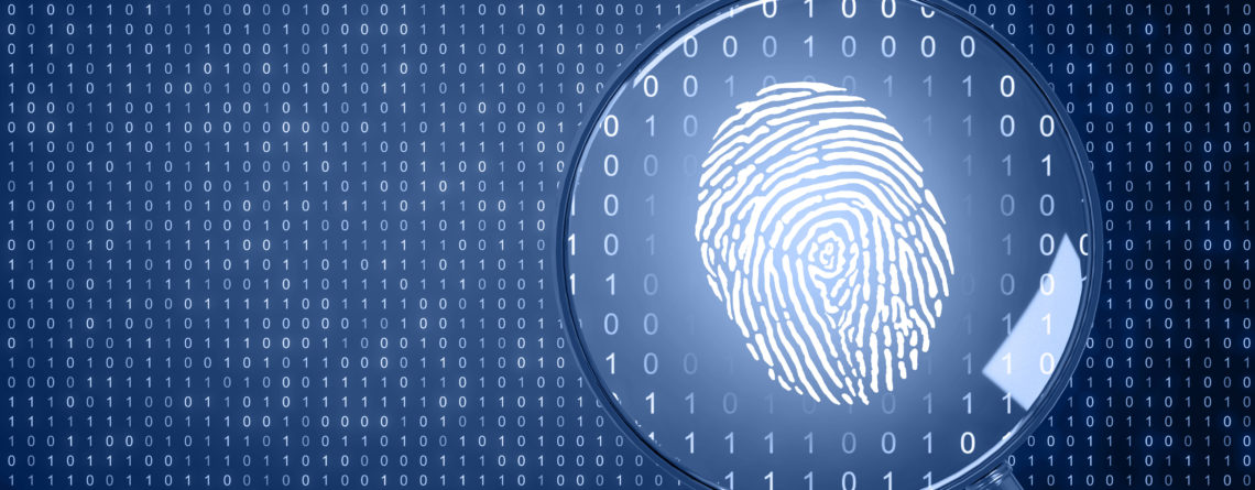 blue banner magnifying glass over a fingerprint