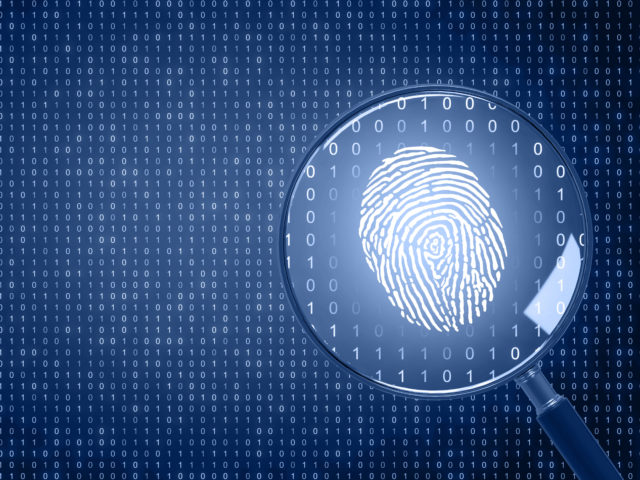 blue banner magnifying glass over a fingerprint