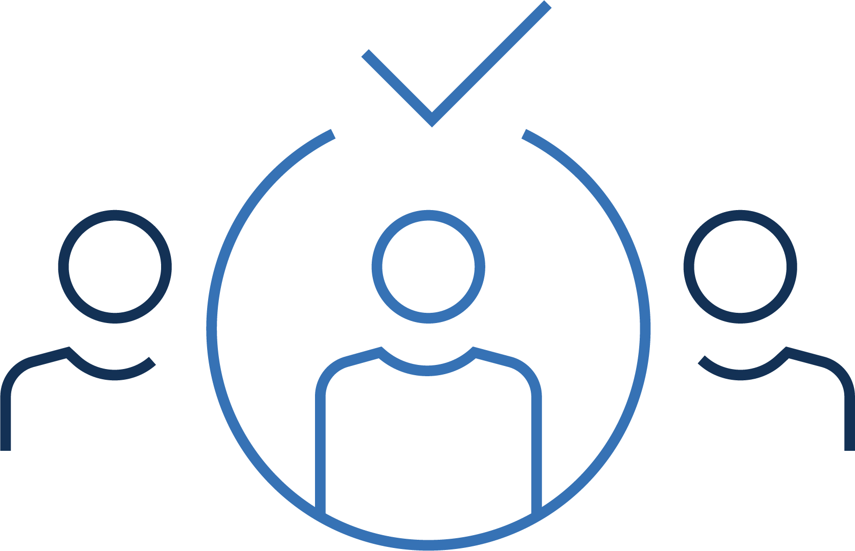 An icon of three people outline in blue, with the center figure circled with a check mark on top, representing the About You section for the Careers page.