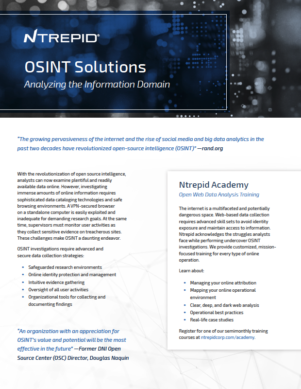 Ntrepid mission brief for OSINT Solutions: Analyzing the Public Domain