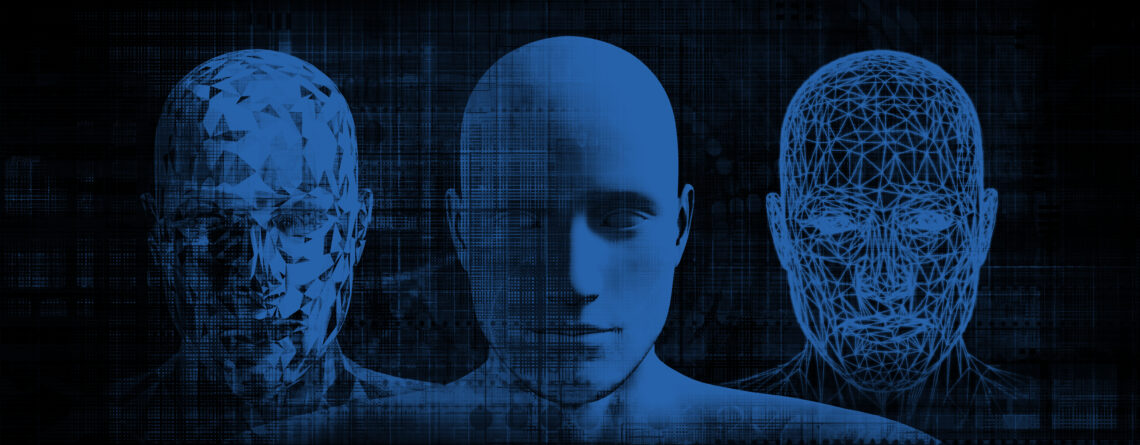 An image of three computer-generated faces, representing the concept of live deepfakes.